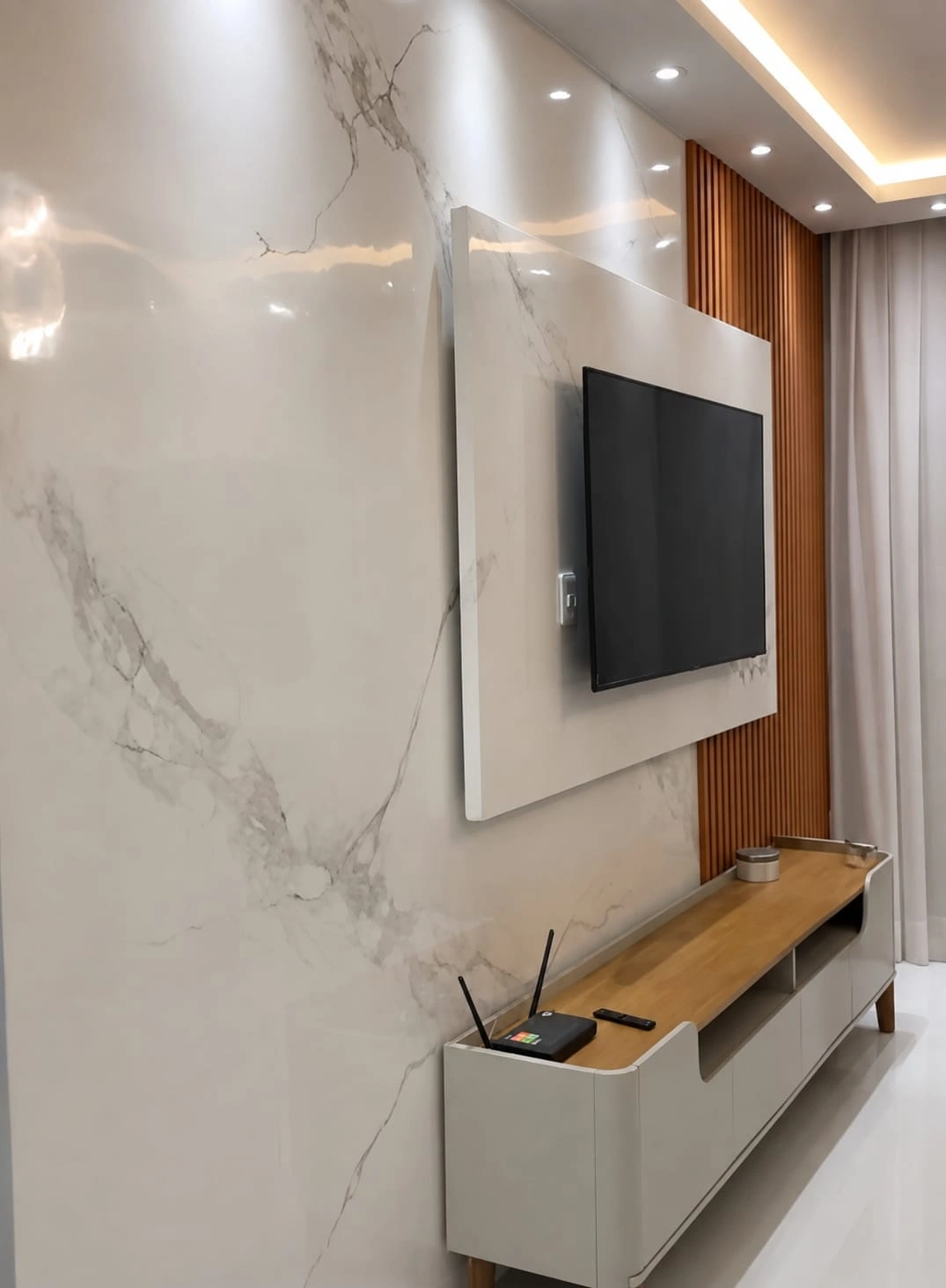 PVC TV unit wall panel installation in Gomti Nagar Lucknow by Raha Developers and Builders Pvt Ltd