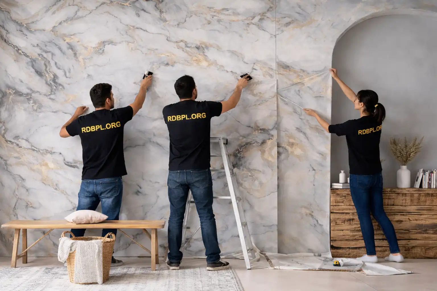 Marble look wallpaper installation in Lucknow for luxury living room interiors